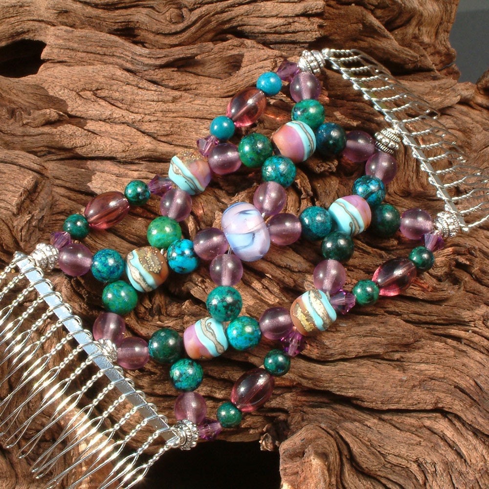 Handmade Hair Comb - Purple & Turquoise - Lampwork - Semi-precious - Look at me