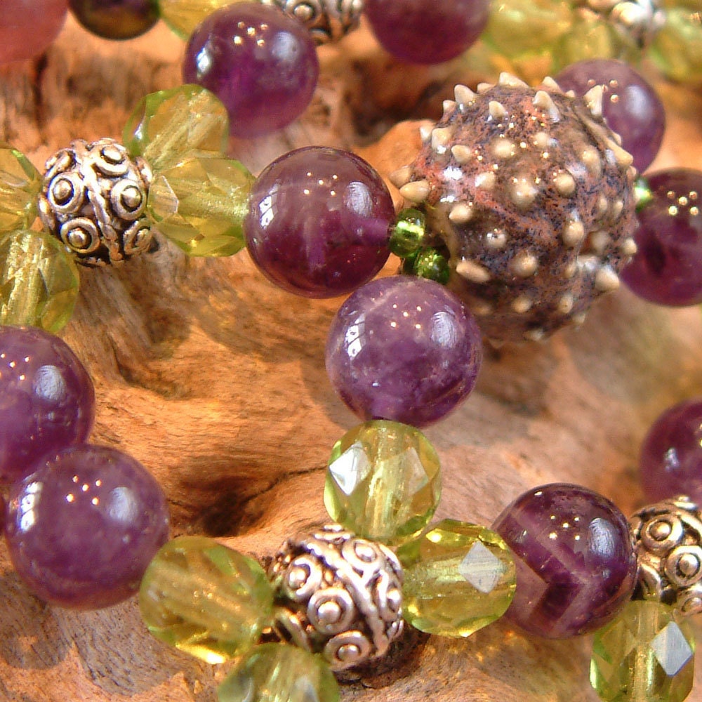 Handcrafted Hair comb - Semi Precious Gemstones - Amethyst and Peridot Green - Plum Urchin