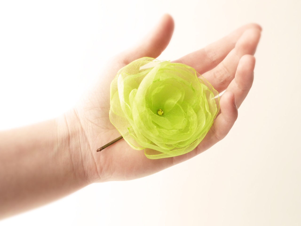 Neon flower hair clip Organza & Swarovski Neon green Hair accessories OOAK by Jye, Hand-made in France - Joliejye