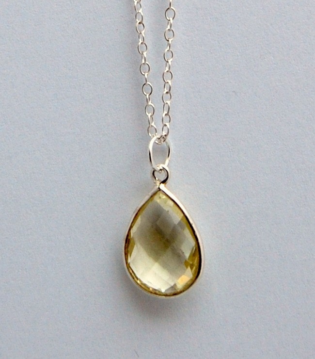 Light lemon yellow sterling silver bezel set quartz necklace