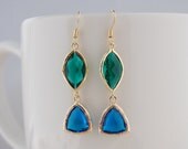 Gold, emerald green and azure glass long drops