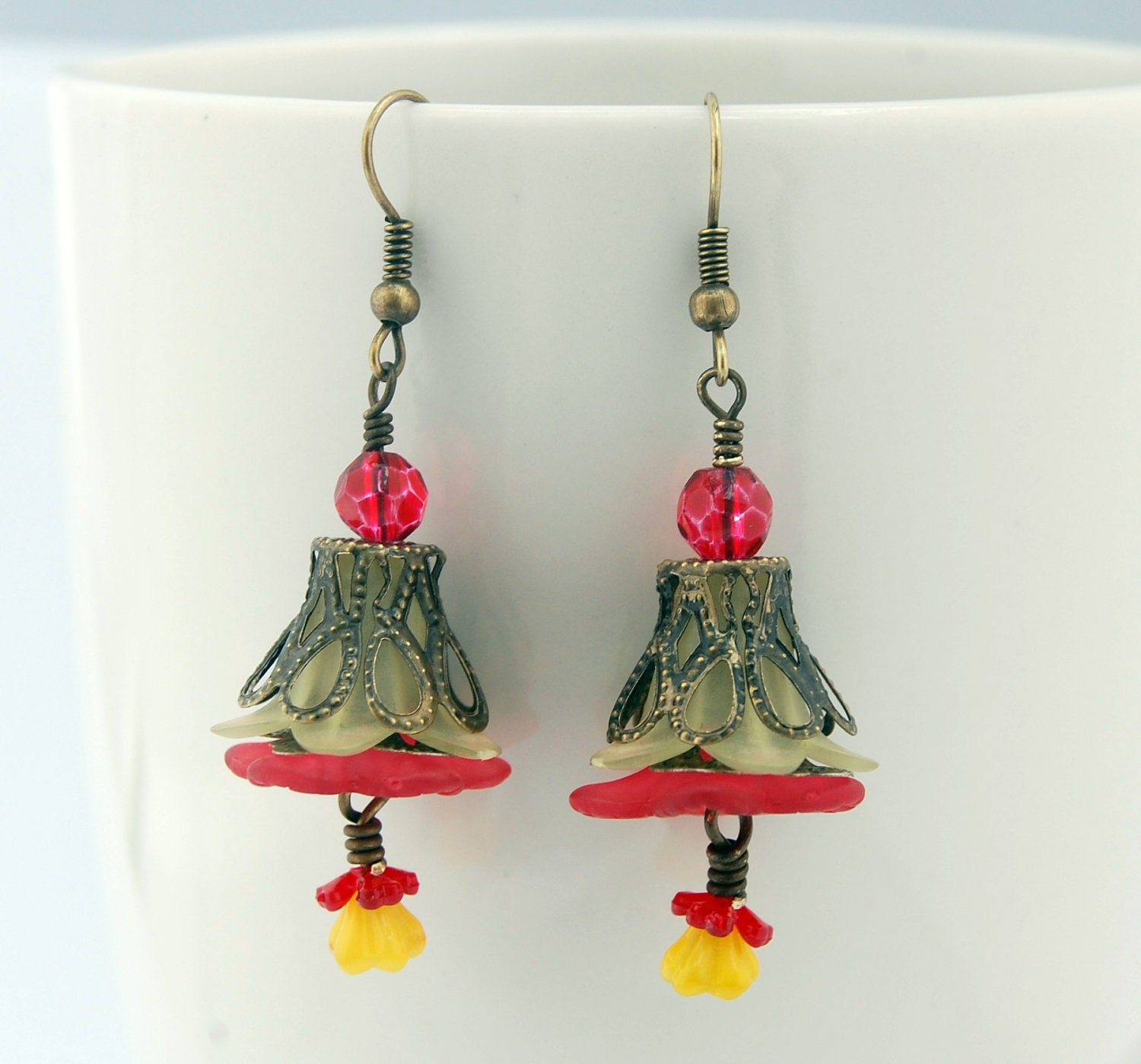 Brass and lucite flower earrings