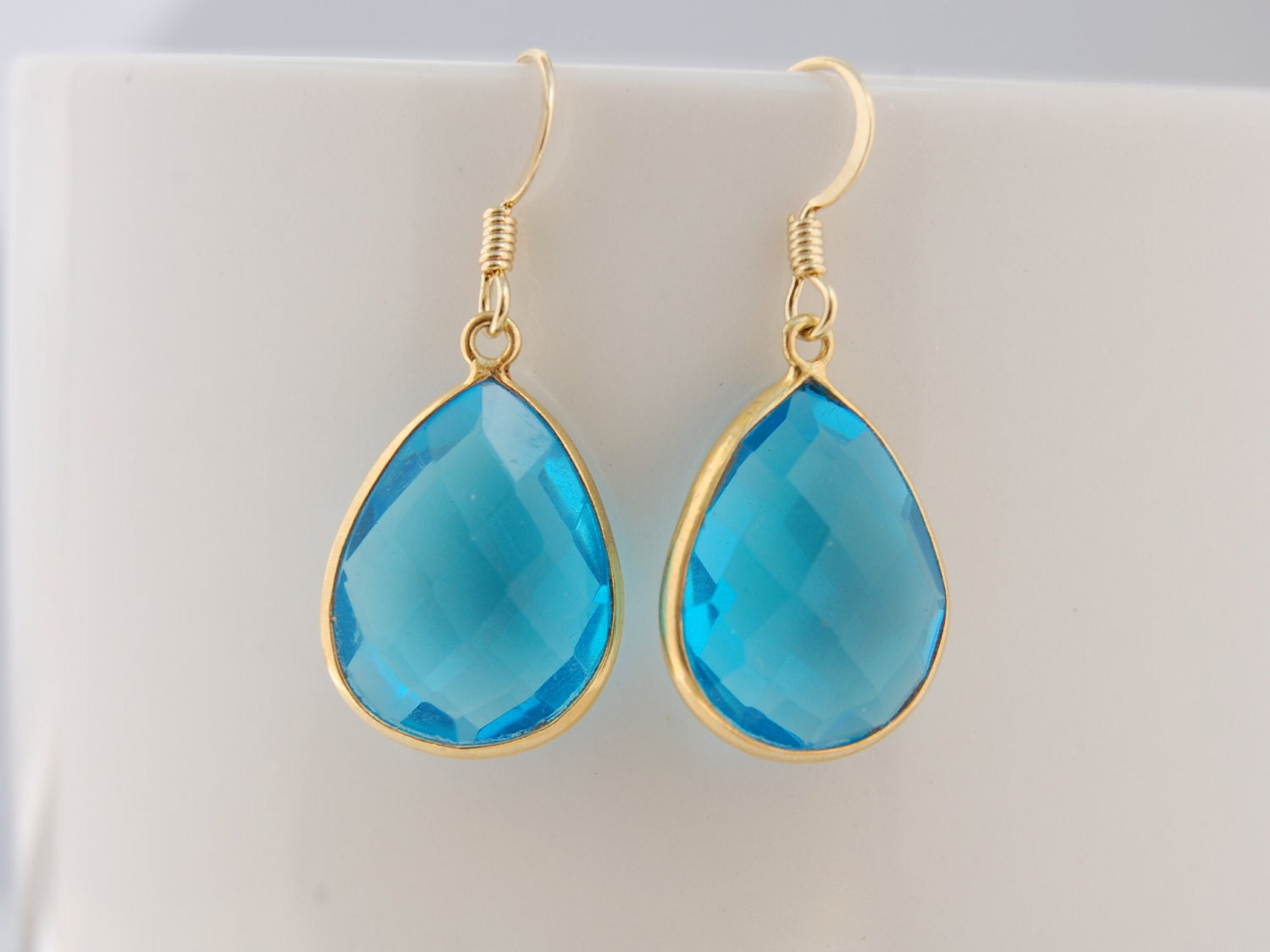 Blue topaz quartz teardrop 24k vermeil sterling silver bezel set earrings