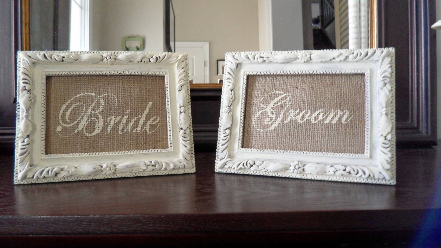 BRIDE and GROOM 4 x 6" Burlap Wedding Sign INSERTS in Shabby Chic Cream- Perfect for Head Table, Place Cards, Bar, French country Home Decor