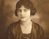ON SALE Beautiful Vintage Photo - Pretty Young Woman w. Princess Leia Hair Buns, Bar Pin, Cross Necklace, in Black - c. early 1900s, 4x6 in.