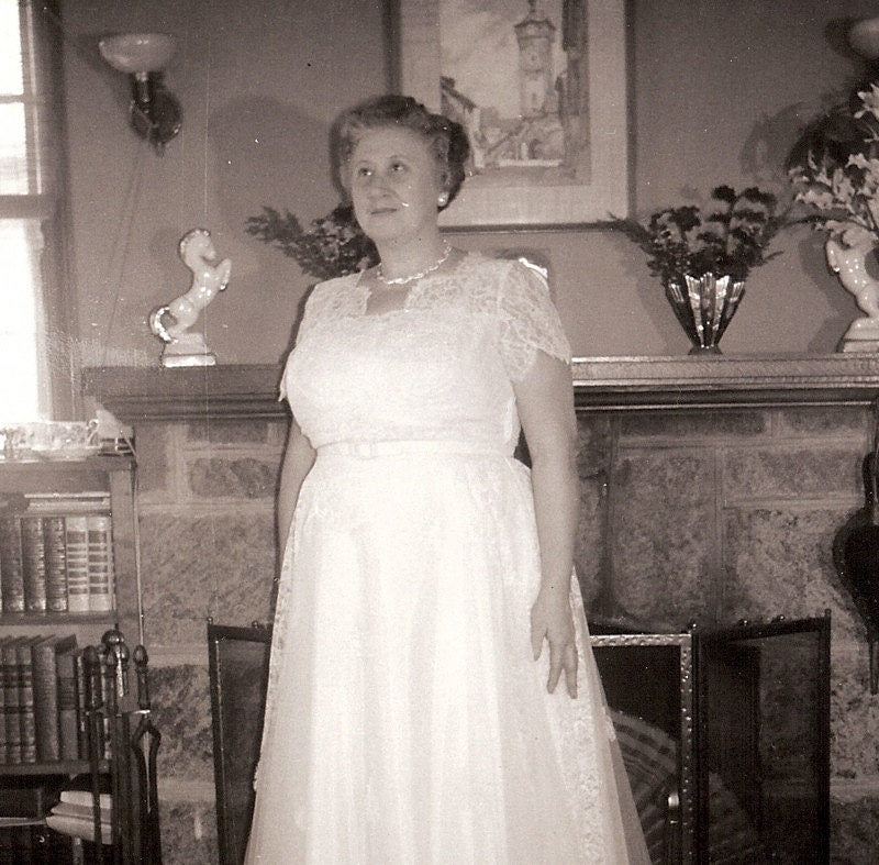 ON SALE Vintage Photo - Gray Haired Lady in Fancy White Dress, Fireplace Pose - You're Never Too Old to Wear Frills & Lace - c. 1940s-1950s