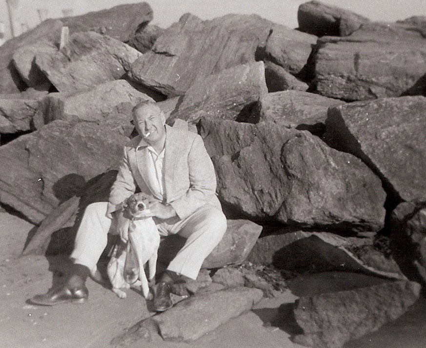 ON SALE Vintage Photo - Ed w. His Dog Skippy at Keansburg Beach, N.J. - Man w. Cigarette & His Pet on Rocks by the Ocean - 1950s