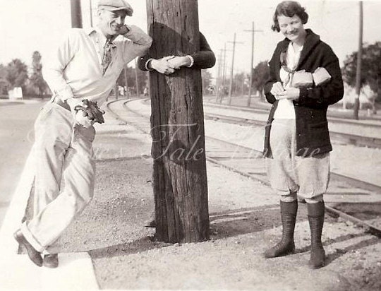 ON SALE Funny Vintage Photo -  Man Hugs Telephone Pole by RR Tracks, Only Arms Visible - Friend Leans on Pole, Girlfriend Laughs - c. 1920s