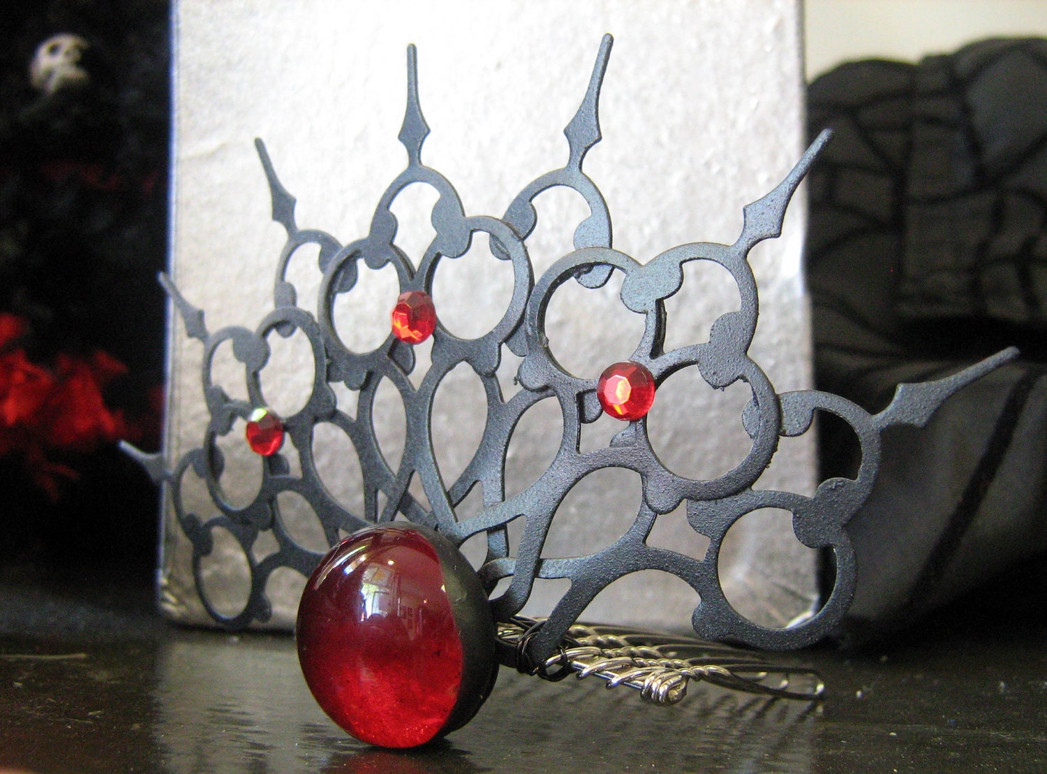Prom of Doom Gothic Tiara Black and Red Tribal Fusion Gothic Exotic Steampunk