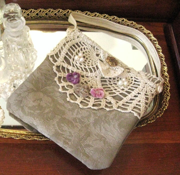 Small Handbag, Makeup Bag, Purse, Evening Bag, KHAKI, VINTAGE CROCHET ...