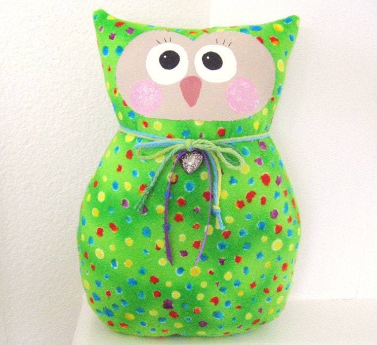 OWL Pillow, Owl Doll, Cloth Doll, Soft Sculpture, 9 in. VALENTINE, FLANNEL Prim Primitive Cloth Handmade CharlotteStyle Decorative Folk Art