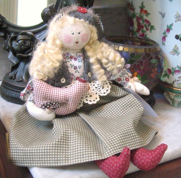 OOAK Art Doll Cloth Doll JAIME and Hen 16 inch Handmade CharlotteStyle Signed