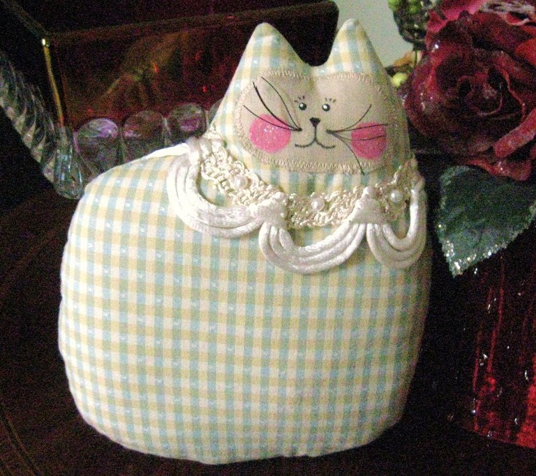 Cat Pillow Doll Cloth Doll 7 inch AQUA and GOLD Primitive Soft Sculpture Handmade CharlotteStyle Decorative Folk Art