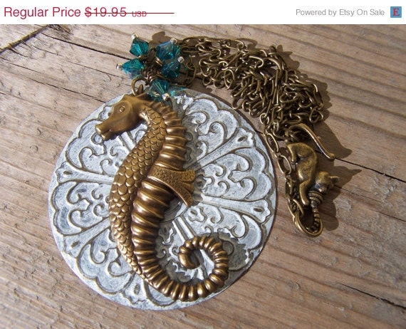 ON SALE Vintage Brass Seahorse Pendant with Swarovski Crystals - gristmilldesigns