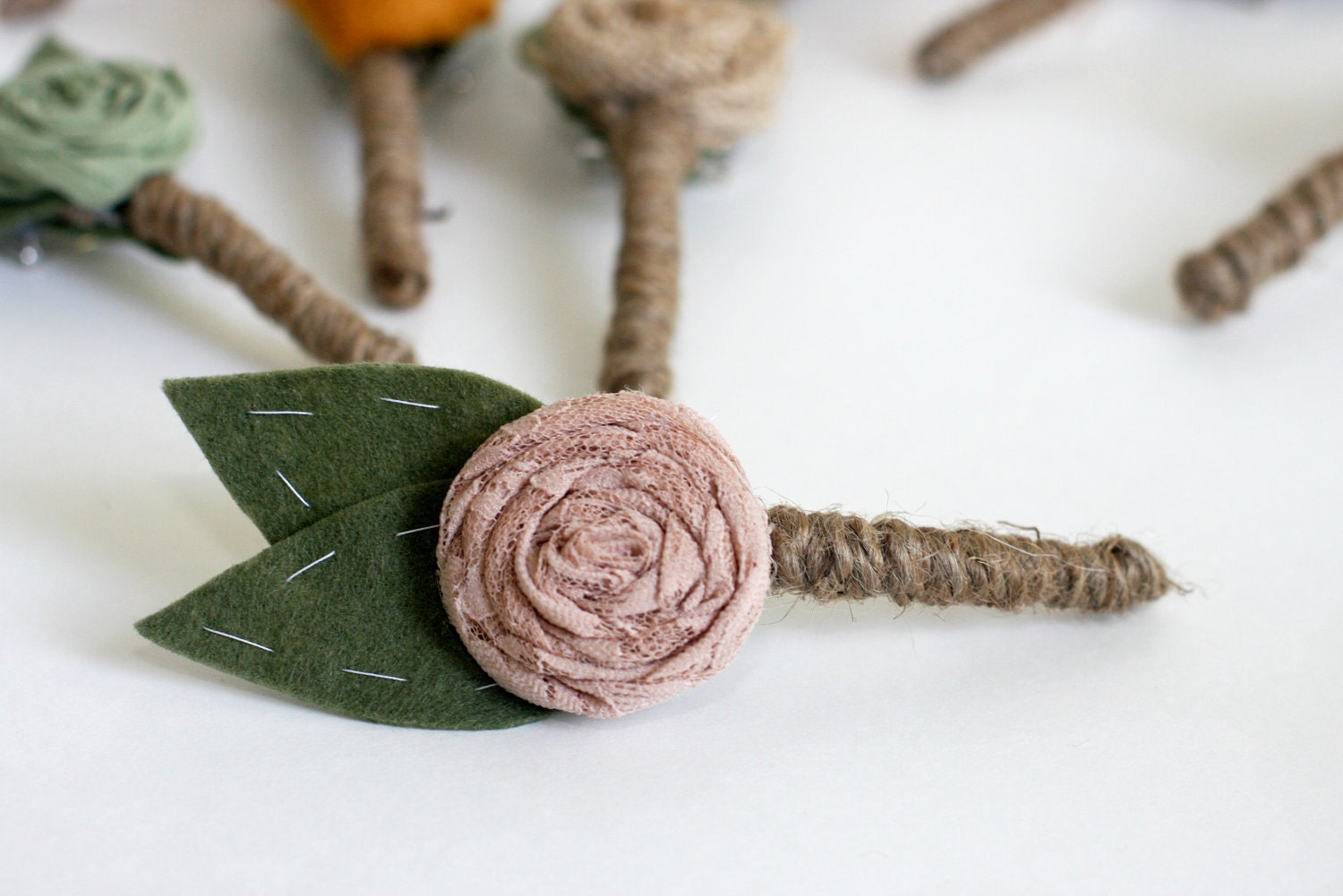 Boutonniere- Charming Flower- fabric flower with sewn felt wire branches and rustic jute
