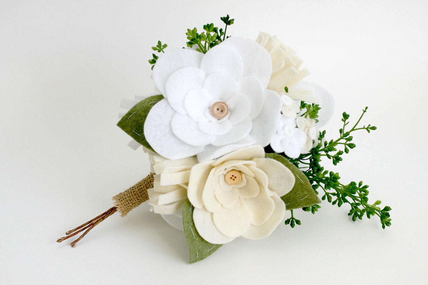 Custom Bouquet- Sweet Whimsy- handmade felt flowers with buttons bark-wrapped wire and green sprigs
