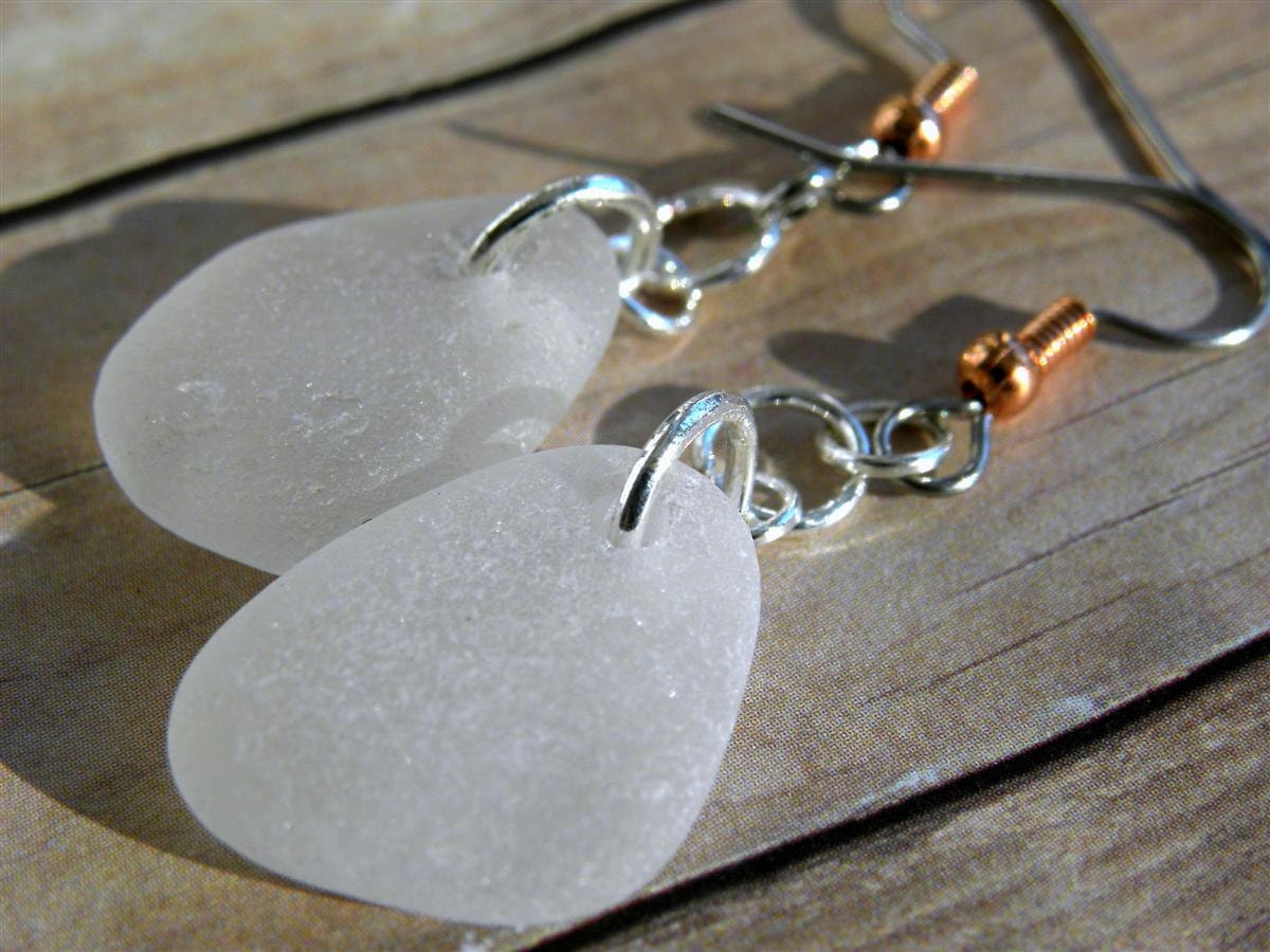White frosty sea glass earrings