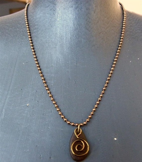 Copper sea glass pendant, amber sea glass, Unisex jewelry, gift
