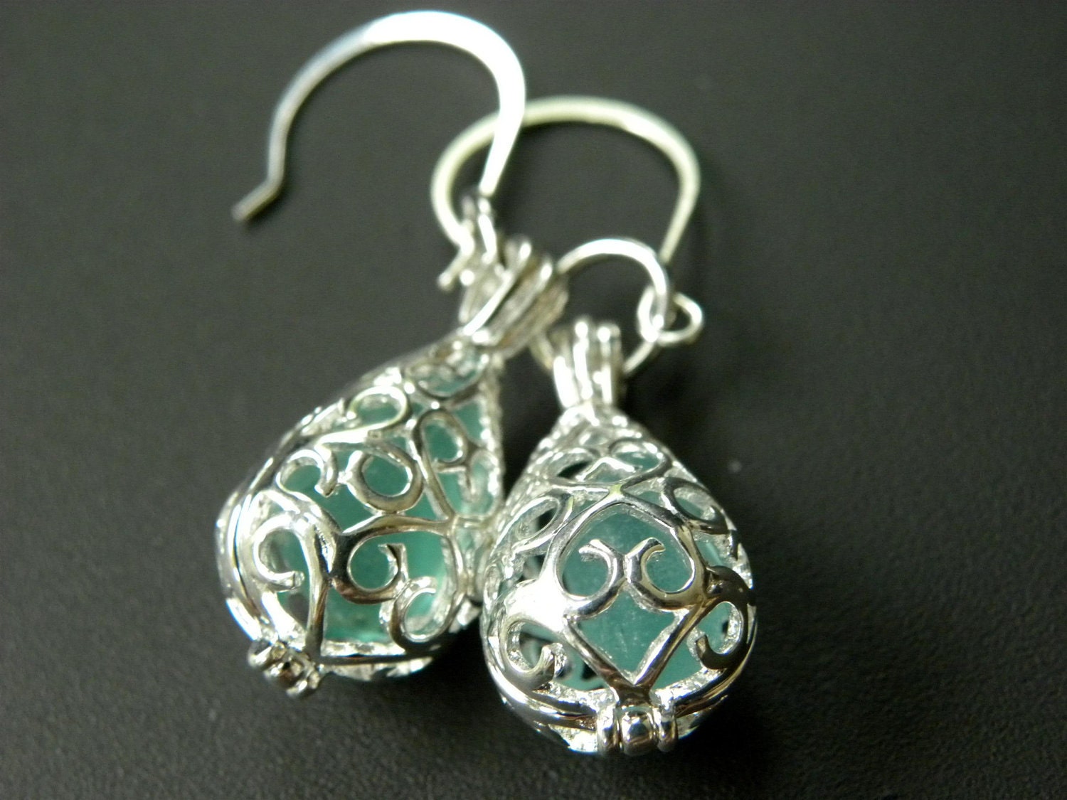 Sea glass earrings, aqua teardrop filigree locket, sea glass jewelry for all ages