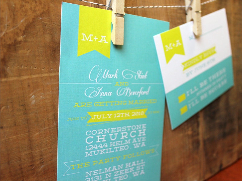 Wedding Invitation Set - bright and bold design with ribbons and script