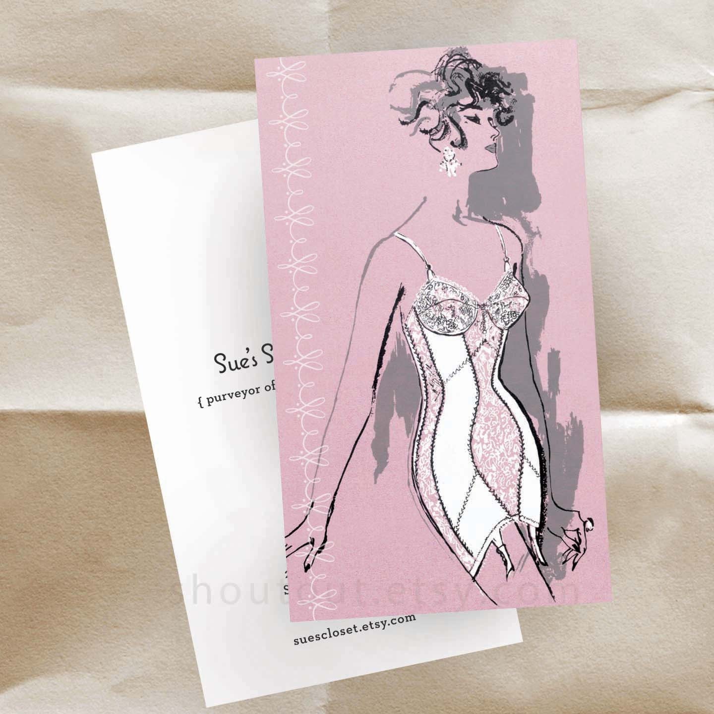 Personalized Business Cards - VIntage Lingerie - Fashion Illustration - Sixties - 100 Custom Cards