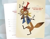 Baby Shower Invitation - FOX with Flute- Vintage Barkcloth Design - Set of 10 - Ready to Ship