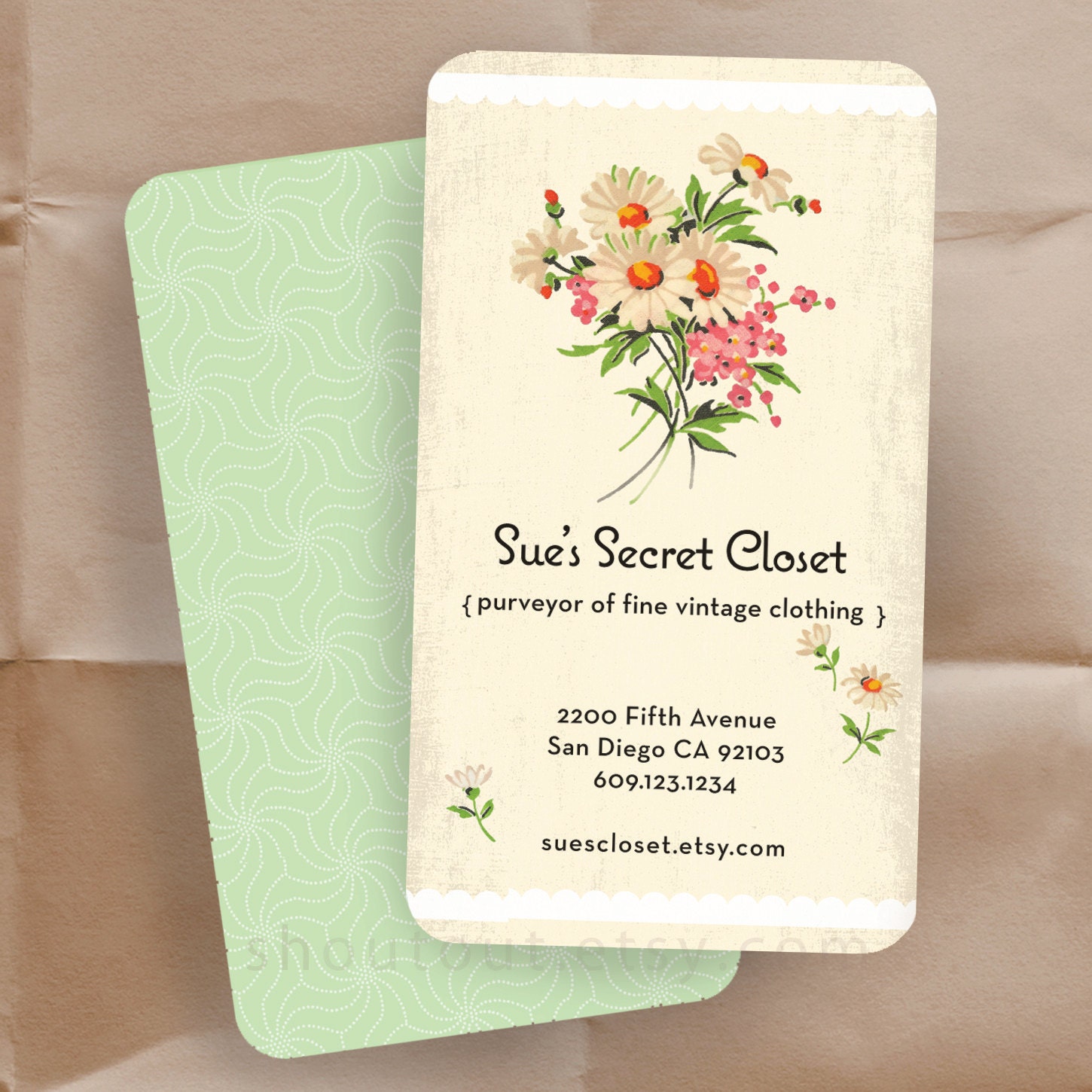 Business Cards - VIntage Floral Fabric - Personalized Shop Cards - 100 Custom Cards
