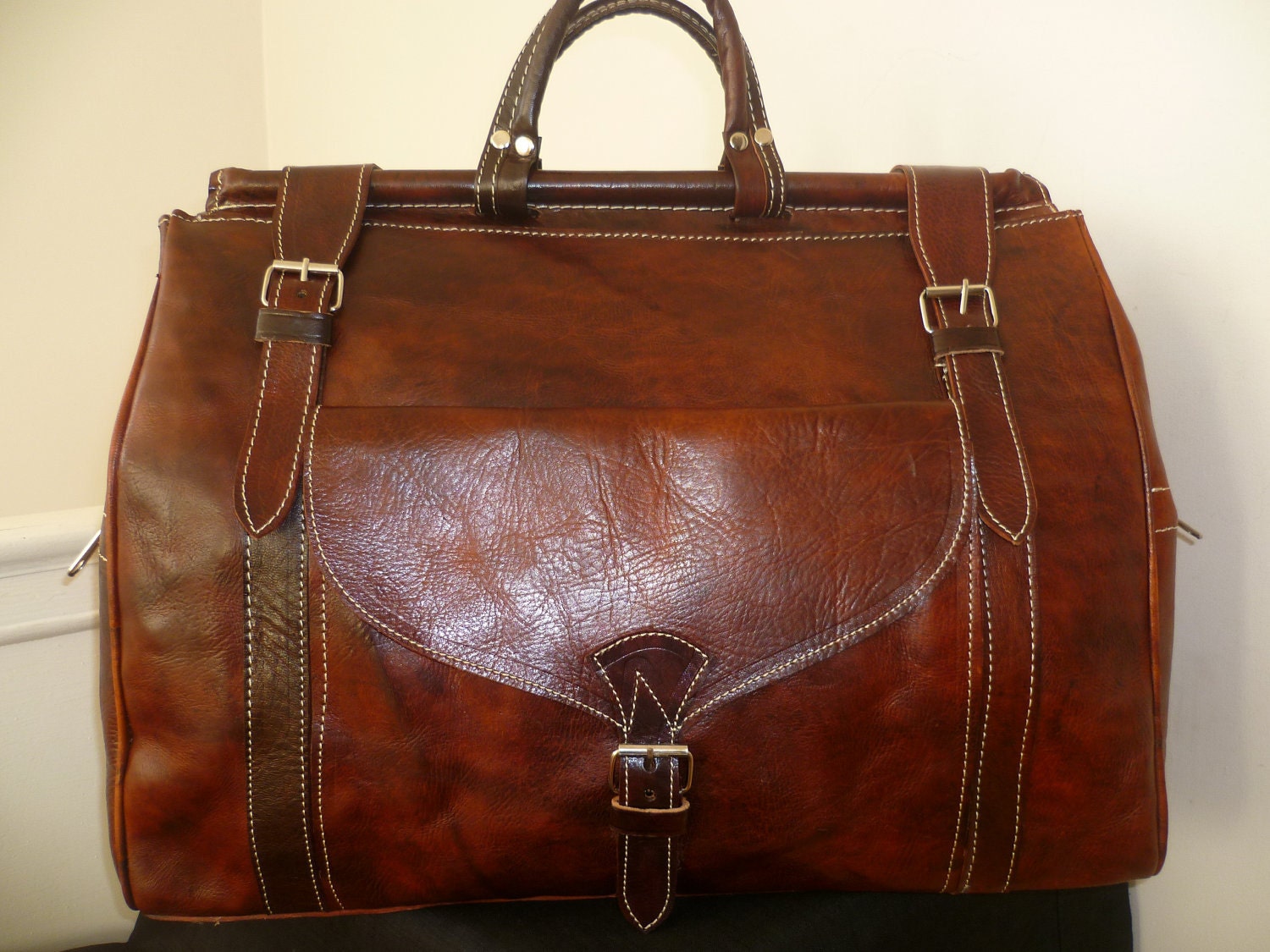 Brown leather travel bag large shoulder bag Weekend bag unisex