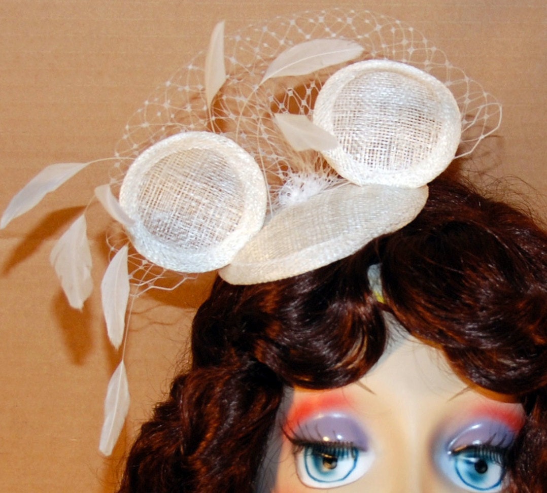 White Mouse Ears Fascinator with Feathers and Birdcage Veil