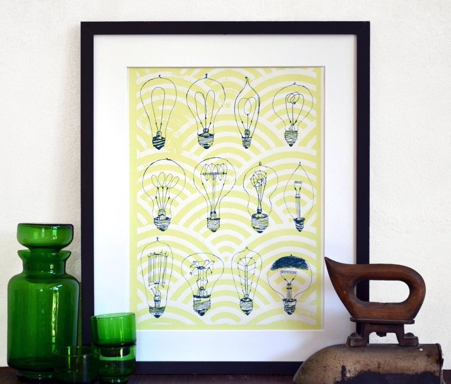 Vintage light bulbs poster - "Turn Off The Lights" Thomas Edison bulbs illustration - Handmade screenprinted poster