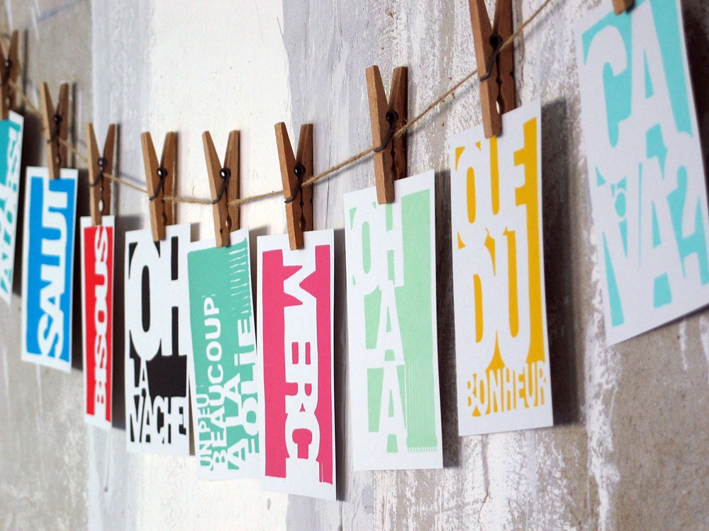 French 101 - Typography Prints for the Francophile - Handprinted French word art cards - Set of 9 mini screenprints