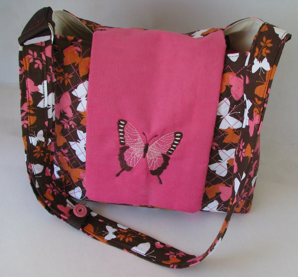 SALE.....Embroider quilt purse in pink, orange, brown and white butterfly with embroider butterfly flap
