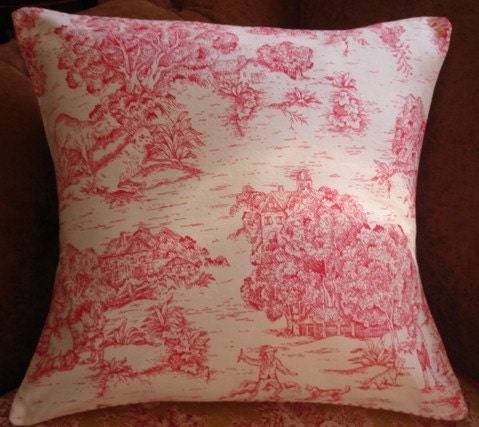 Pair of Red Ticking and Toile pillow
