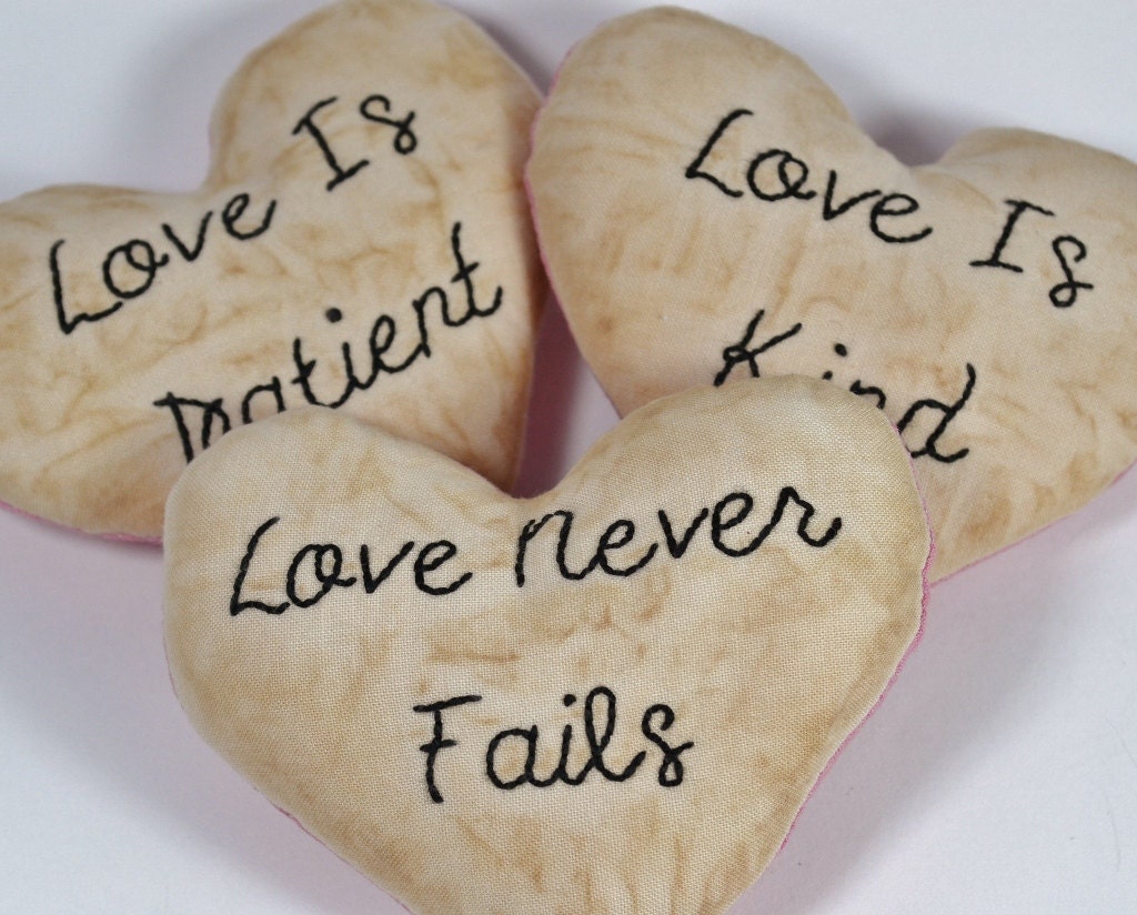 Love is Patient Love is Kind Love Never Fails - Decorative Pillows - Bowl Fillers - Tucks - Ornies - Wedding - 1 Corinthians - Pink Hearts