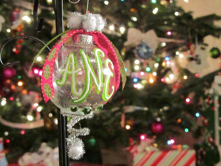 Custom Monogrammed Hand Painted Polkadot Ribbon Glass Ornament with PomPoms and Swirl Size Medium