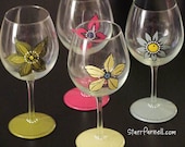 READY TO SHIP Mod Flowers Wine Glasses Spring Custom Hand Painted Set of 4 Pink Green Yellow Blue