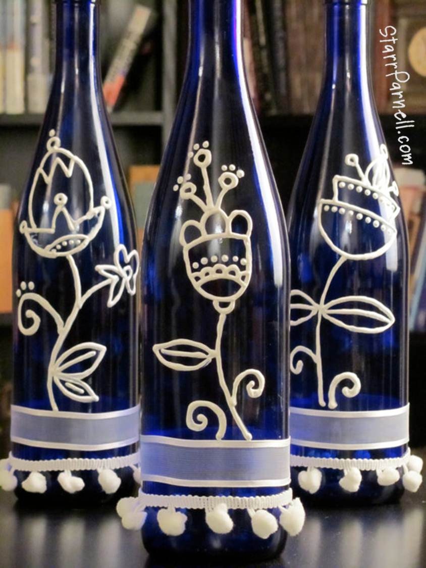 Painted White Flowers and Ribbon on Blue Wine Bottles - Set of 3