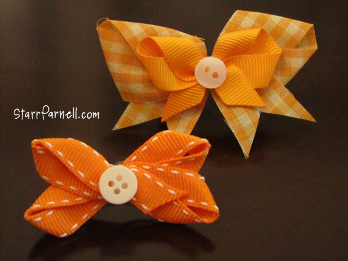 University of Tennessee Bows Checkered Orange and White Button Ribbon Barrette Bows