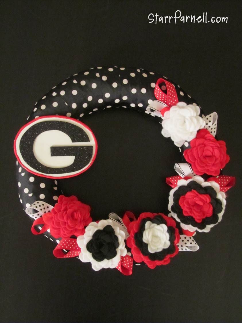 Georgia Wreath UGA Bulldogs Dawgs Polkadot Ribbon Rose Style Felt Flowers 12"