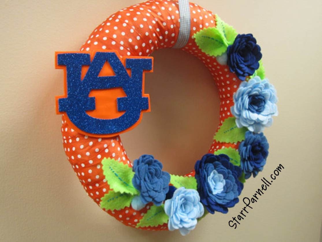Auburn University AU Blue Felt Roses and Orange Polkadot Ribbon Wreath War Eagle 12"