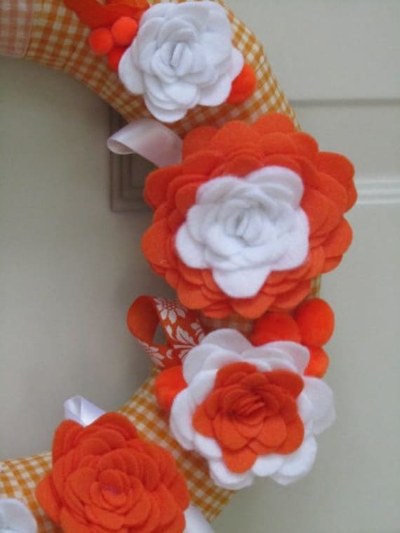 University of Tennessee Wreath UT Orange White Gingham Ribbon Fall Rose Style Felt Flower 12"