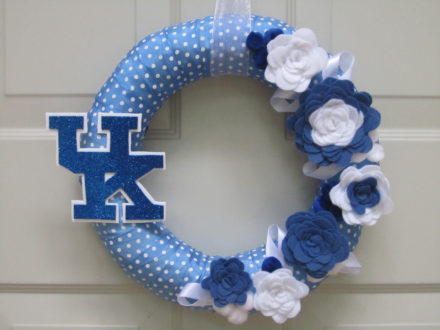 University of Kentucky Wreath UK Blue White Polkadot Ribbon Fall Rose Style Felt Flower 12"