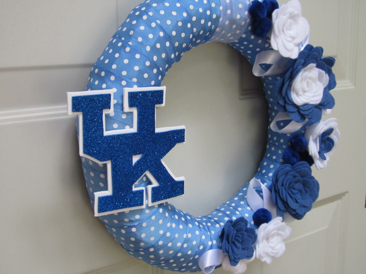 University of Kentucky Wreath UK Blue White Polkadot Ribbon Fall Rose Style Felt Flower 12"