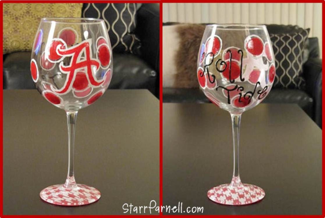 University of Alabama Wine Glasses Houndstooth Themed Roll Tide Polkadot Hand Painted