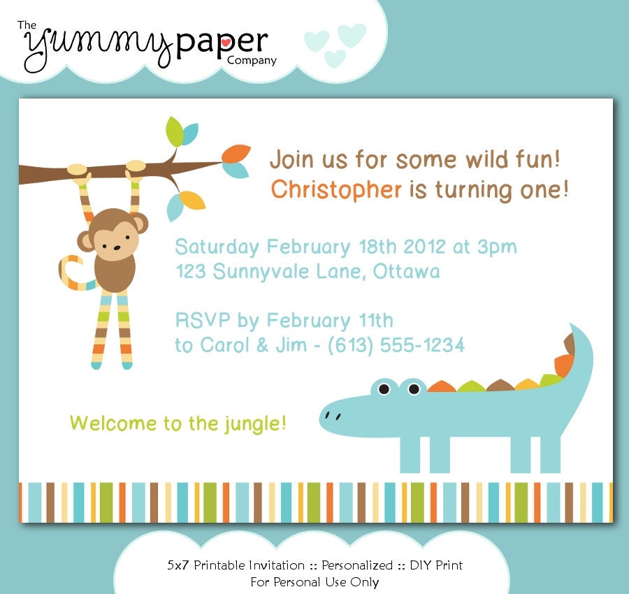 Blue Monkey and Alligator Birthday Invitation ... Custom Printable Digital Invite ... Baby's 1st Birthday Il_570xn