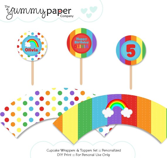 Rainbow Party - Cupcake Wrappers and Toppers Set ... Custom DIY Party Printables rp01 Il_570xn