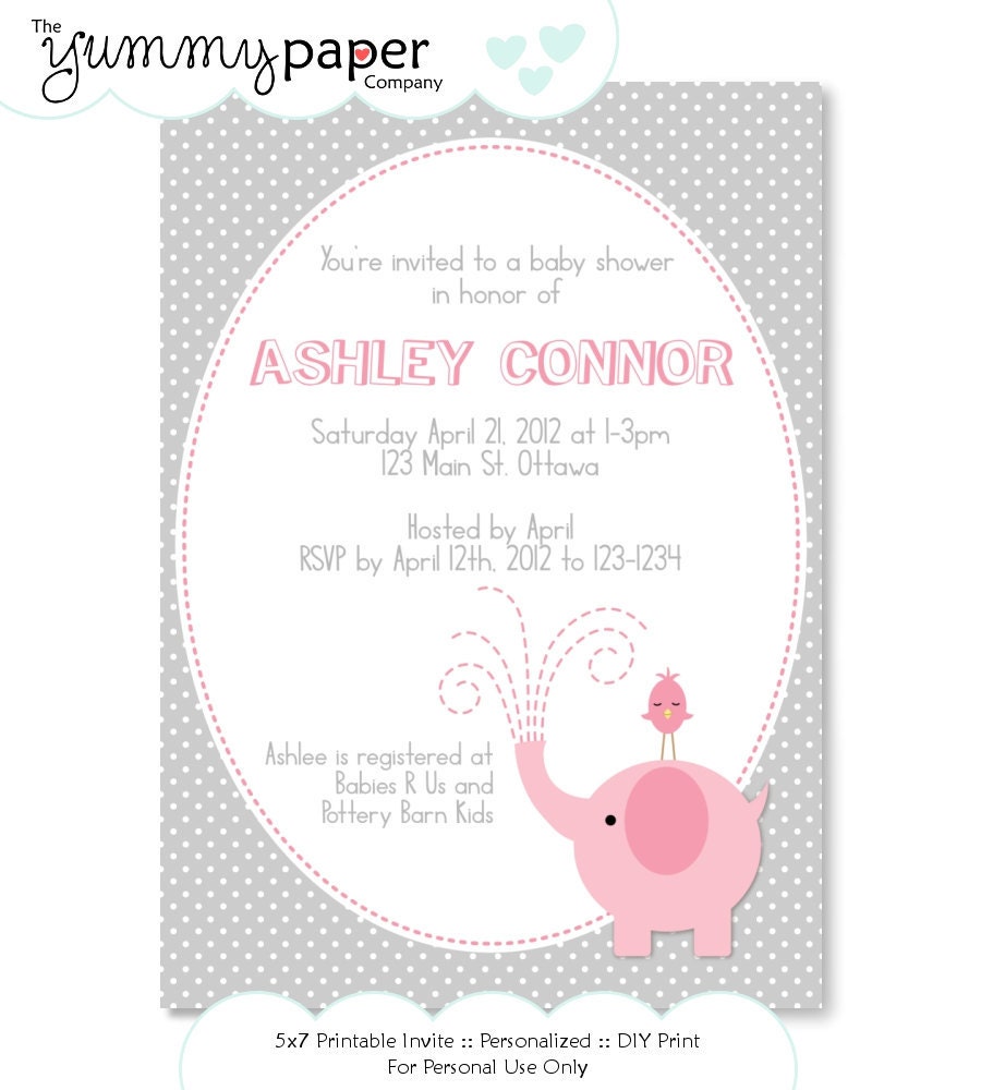 Grey and Pink Elephant Birthday Invitation ... Personalized Printable Invite ... Baby's 1st Birthday gpe01 Il_570xn