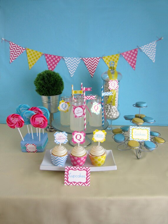 Printable Blue, Pink, and Yellow Chevron Party Package - Coordinating Colors - Personalized DIY Party Printables .. bpy01 Il_570xn