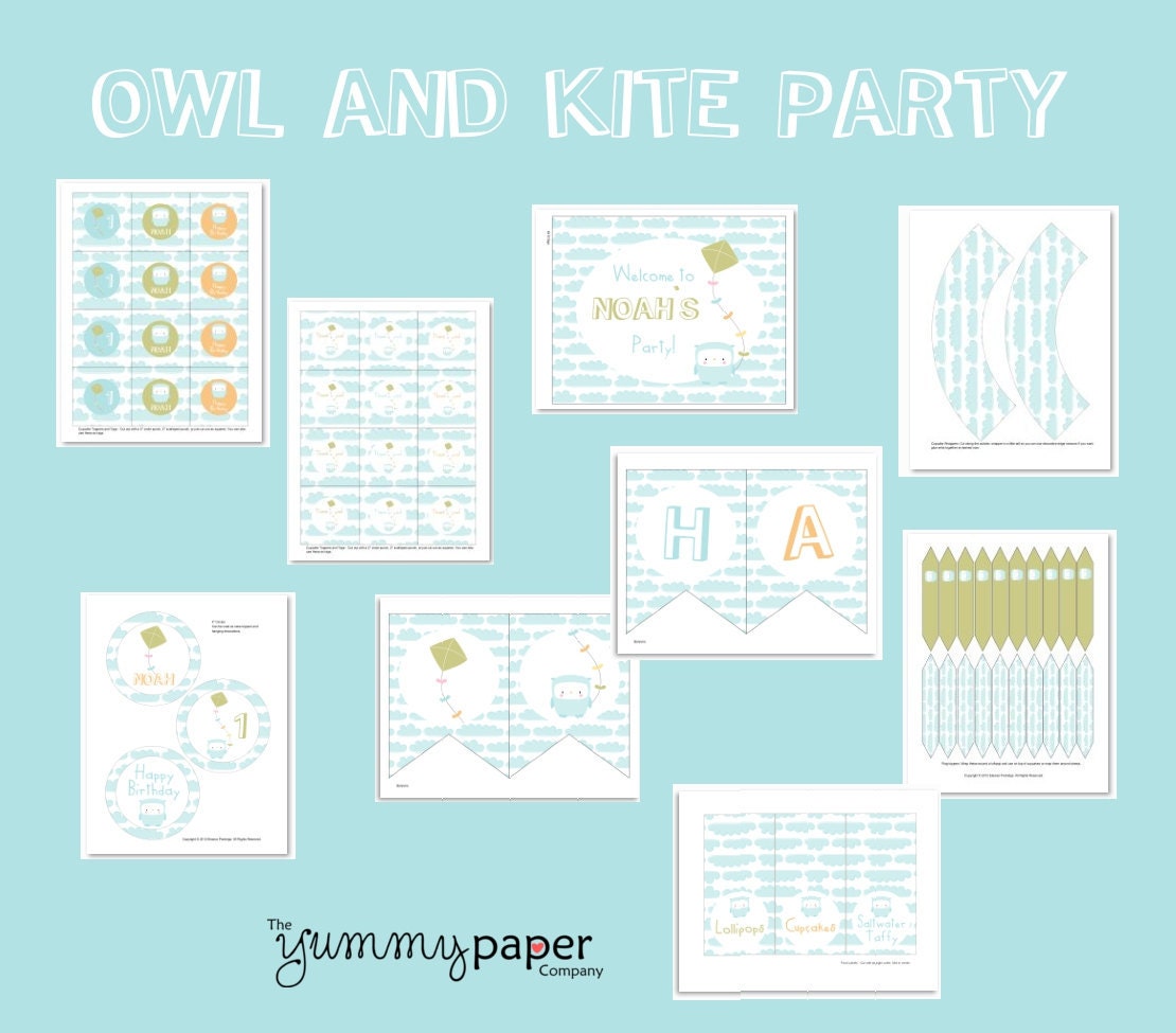 Owl and Kite Printable Party Package - Personalized Birthday DIY Party Printables.. ok01