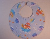 Baby bib, four soft layers, reversible, blue with Noah and friends